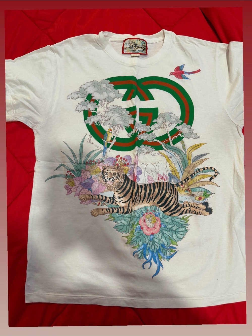 Gucci Tiger & Floral Graphic Tee with Green Logo